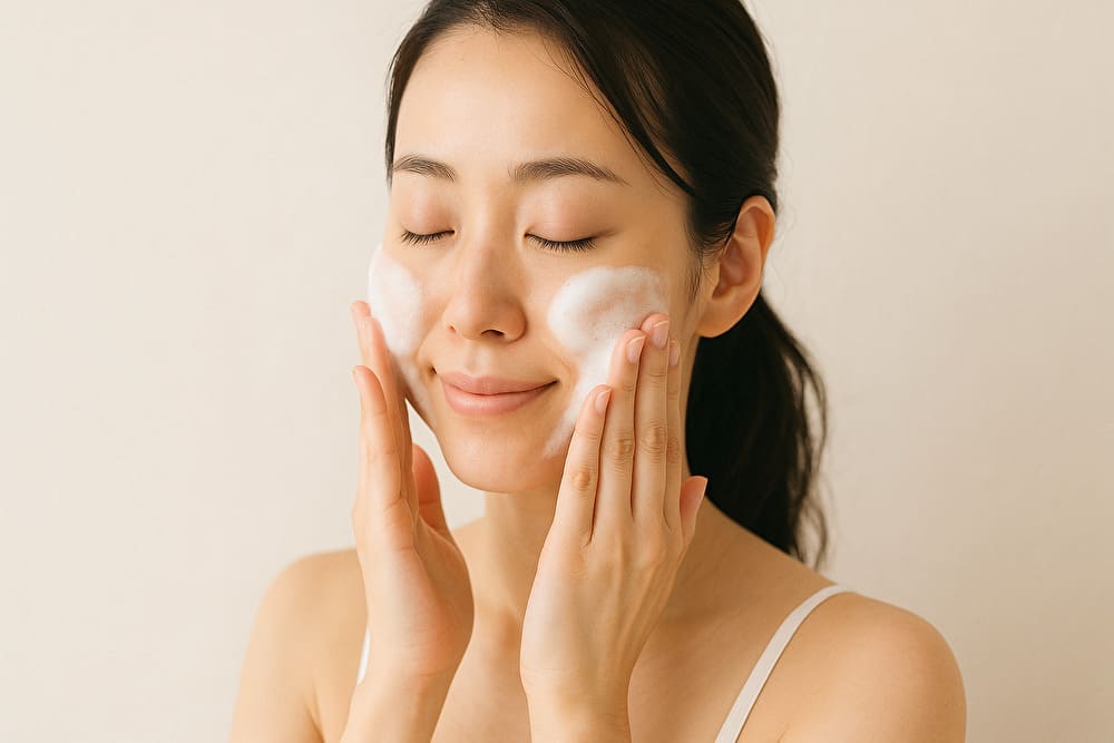 摩擦レス洗顔で泡を優しくなじませる女性のイメージ写真