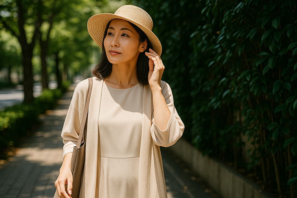 自然の中を日陰を選んで歩く40代女性・UV対策イメージ