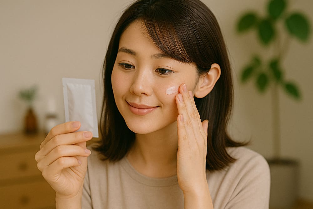 無料サンプルを手に取り肌につけながら試す40代女性