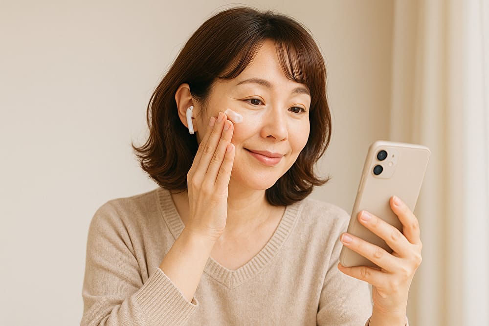 リビングでスマホ見ながらスキンケアする40代女性