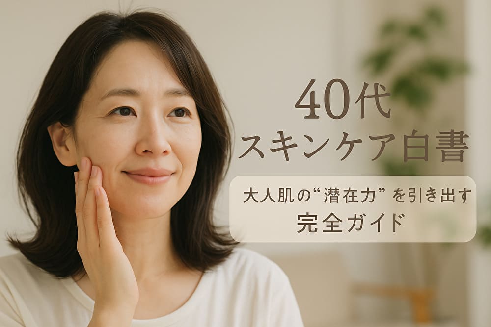 40代女性のスキンケア白書を紹介するアイキャッチ画像。女性が肌に触れて微笑む様子と「40代スキンケア白書｜大人肌の潜在力を引き出す完全ガイド」というテキスト入り。