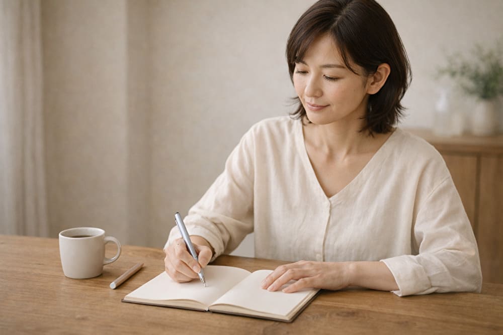 40代女性がノートにメモを取りながらスキンケアの選択を整理している様子