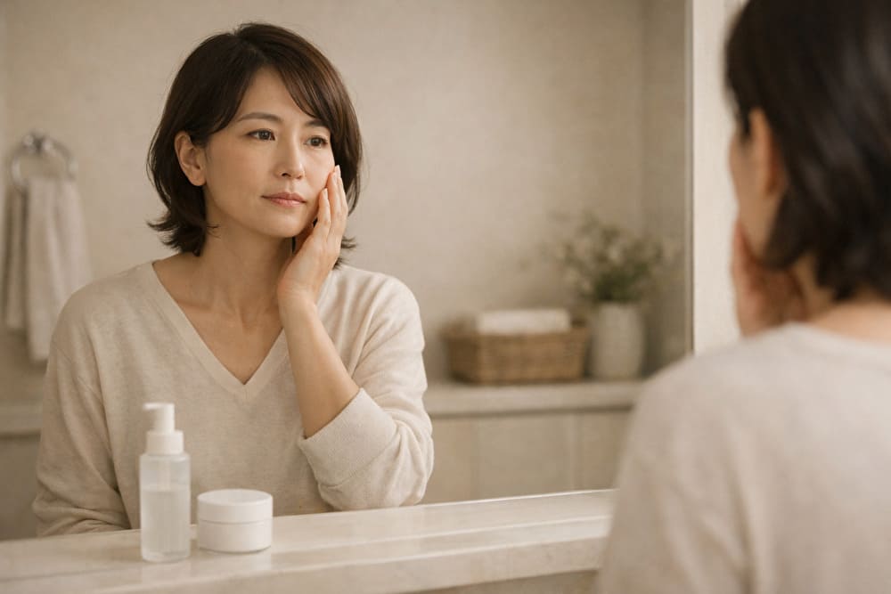 40代の日本人女性が白とベージュ基調の洗面所で、自分の肌を見つめる様子。オールインワン化粧品が合わなくなったか静かに考えている日常シーン。