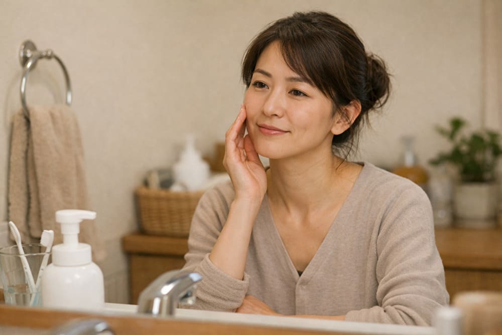 40代女性が夜の間接照明の中で、手のひらにクリームを取りスキンケアをしている手元のイメージ