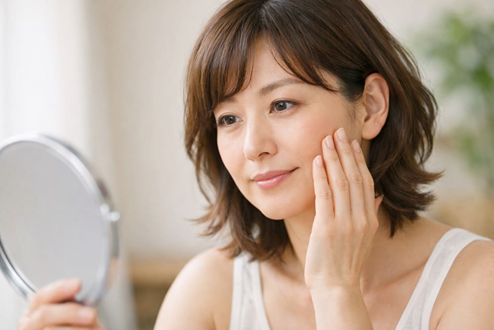 40代女性が鏡を見ながら肌の調子を確認している落ち着いたイメージ