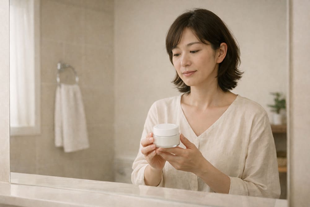 オールインワンが合わなくなったか迷う40代女性が鏡の前で肌を確認している様子