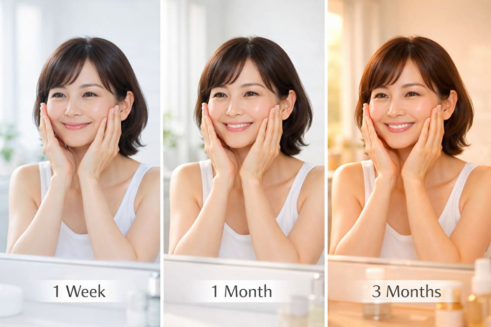 40代女性がスキンケアを続ける様子。1週間・1ヶ月・3ヶ月で肌のハリとツヤが増す変化を、自然光の中でやさしく描いた写真。