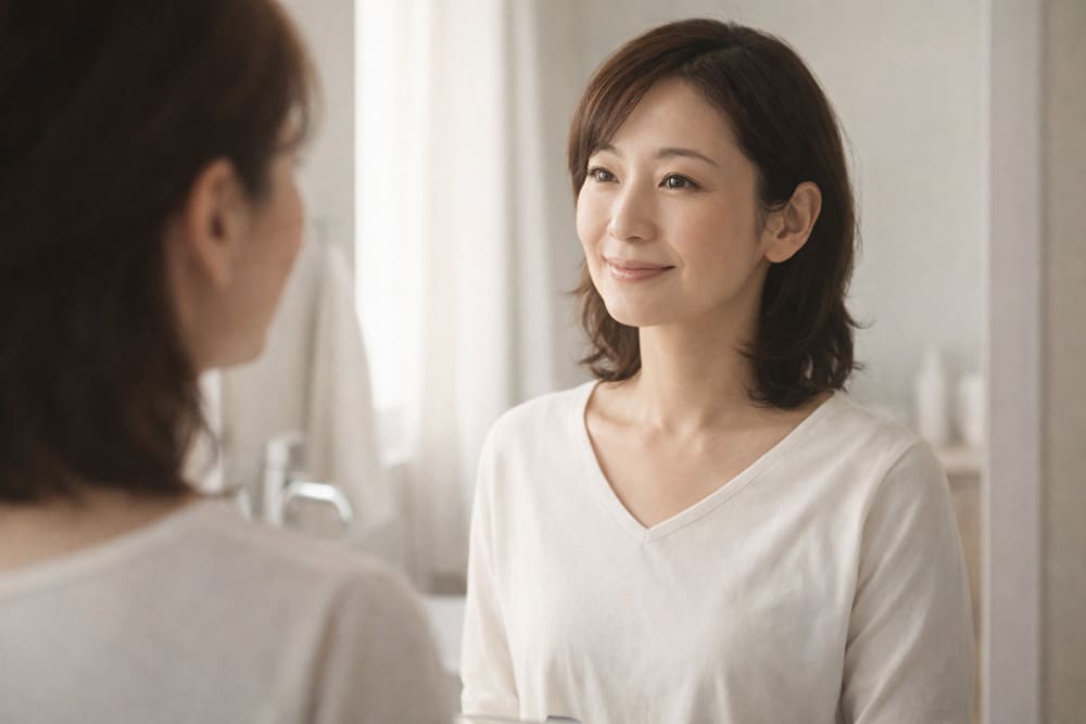 洗面所で鏡を見る40代女性の落ち着いた日常イメージ