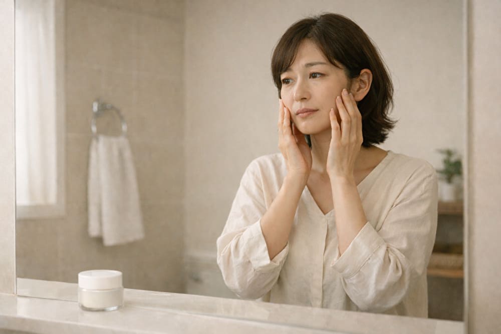 洗面所でオールインワンを使った後の肌を見つめる40代日本人女性