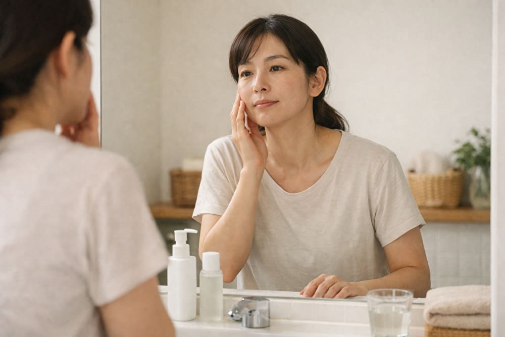 40代女性が洗面台で鏡を見ながら肌の調子を確認している落ち着いたイメージ
