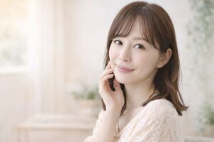 自然光の入る室内で、落ち着いた表情で鏡を見る40代前半の日本人女性。毛穴ケアの考え方を整理しているイメージ