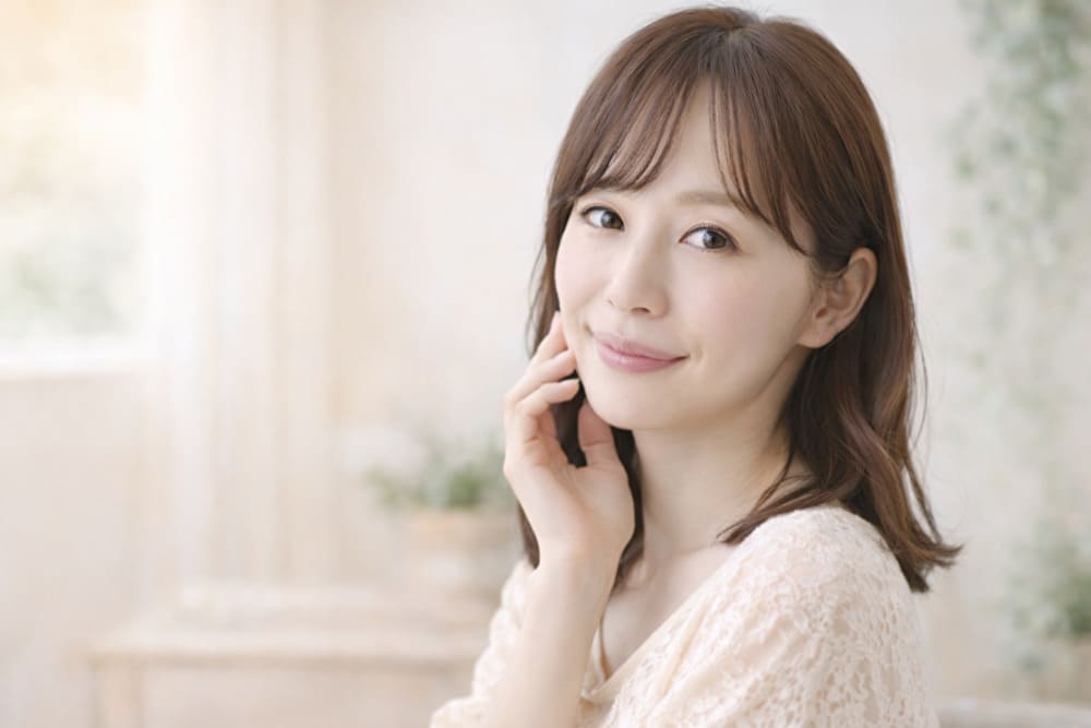 自然光の入る室内で、落ち着いた表情で鏡を見る40代前半の日本人女性。毛穴ケアの考え方を整理しているイメージ