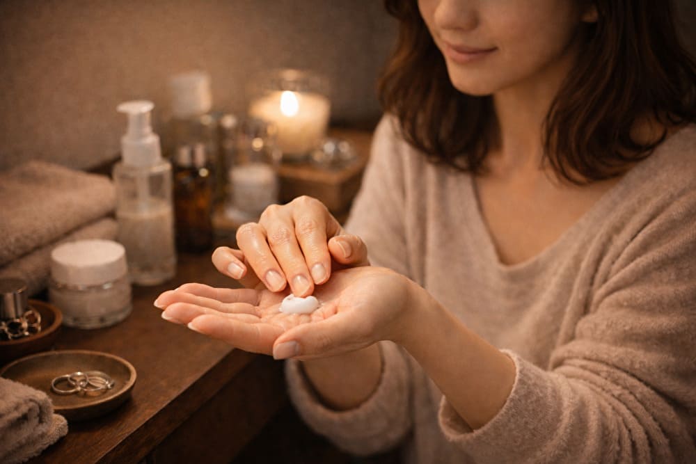 夜のスキンケアで手元に取った保湿アイテムをなじませる40代女性