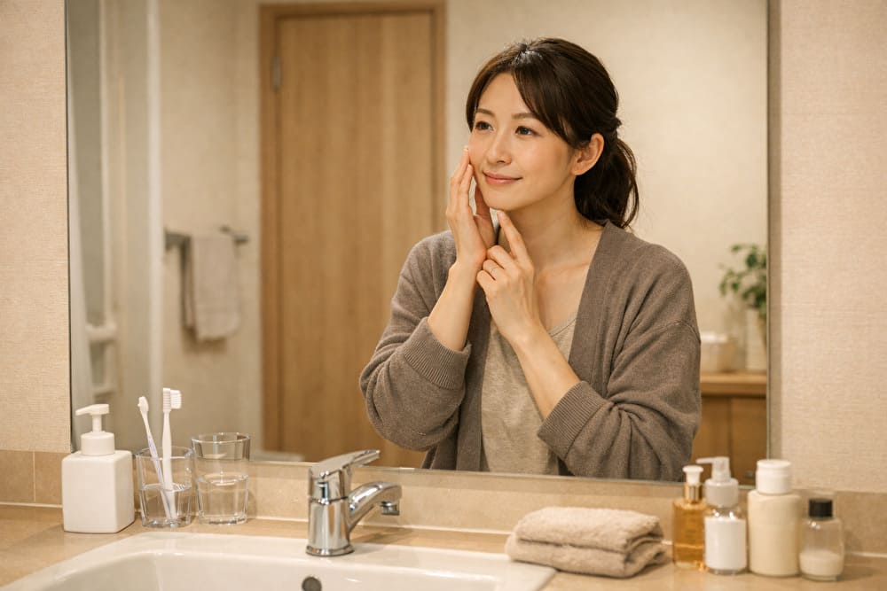 40代前半の女性が自宅の洗面台の鏡前で、肌の調子を静かに確認している生活感のあるイメージ
