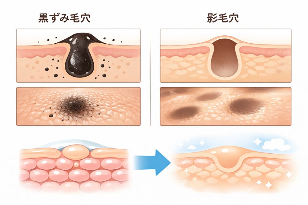 40代の毛穴は黒ずみより『影（乾燥・ハリ不足）』で目立つことがある図解