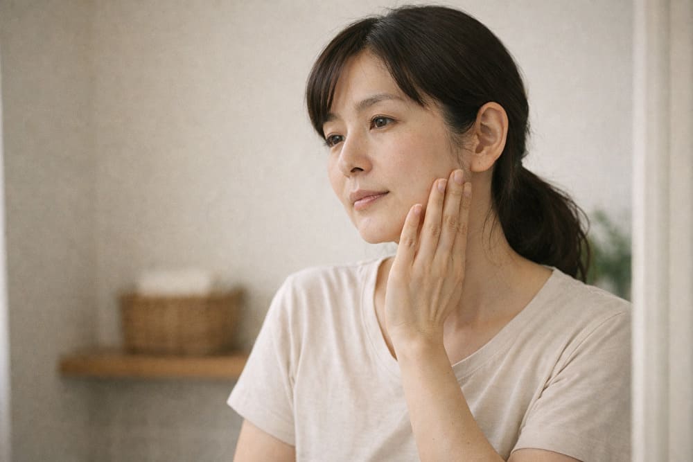 40代女性が頬のハリを気にして肌に触れている様子