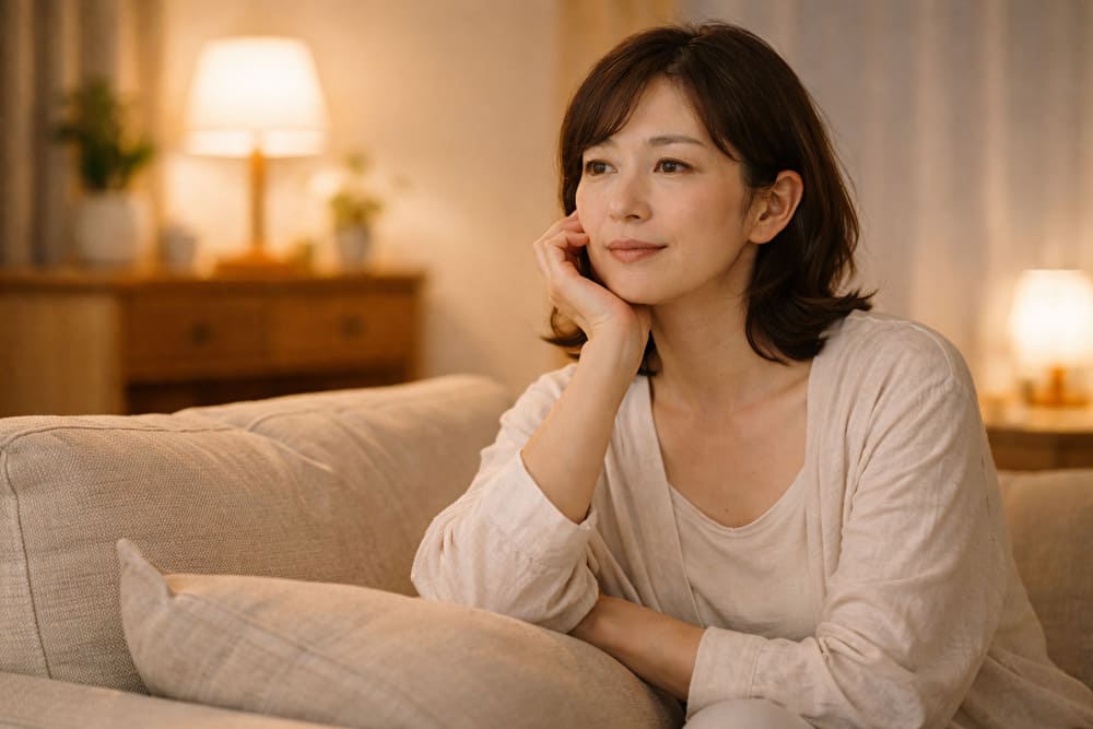 夜の室内でリラックスする40代日本人女性。間接照明の暖かい光に包まれた穏やかな表情