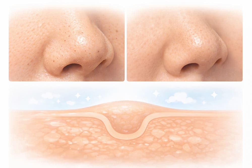 40代の毛穴は黒ずみより乾燥やハリ不足による影で目立ちやすく、うるおいで見え方が変わるイメージ