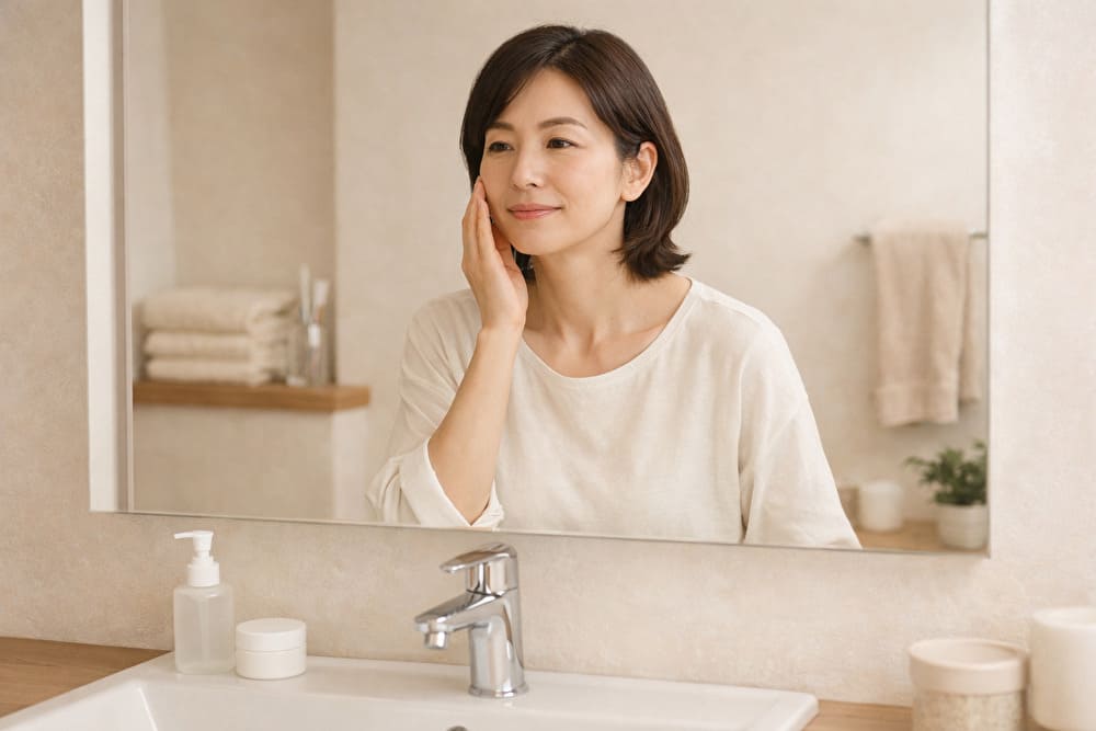 洗面台の前で肌の状態を確認する40代女性（オールインワン選びのイメージ）