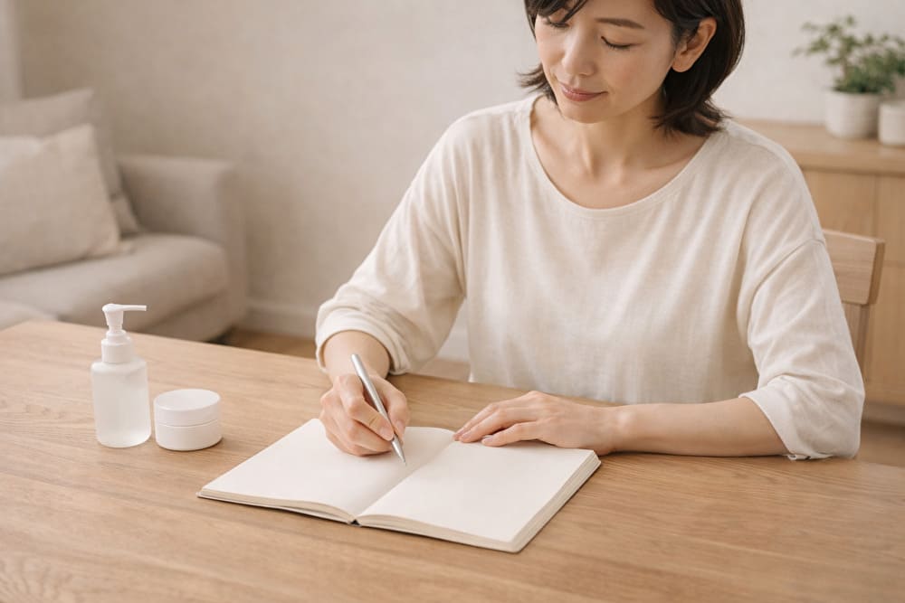 スキンケアについてノートに書き出して整理する40代女性（オールインワン選びを考えるイメージ）