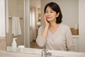 40代女性が洗面台の前で肌の状態を確認している様子（オールインワン選びのイメージ）