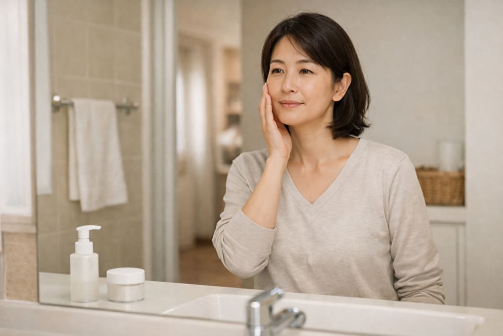 40代女性が洗面台の前で肌の状態を確認している様子（オールインワン選びのイメージ）
