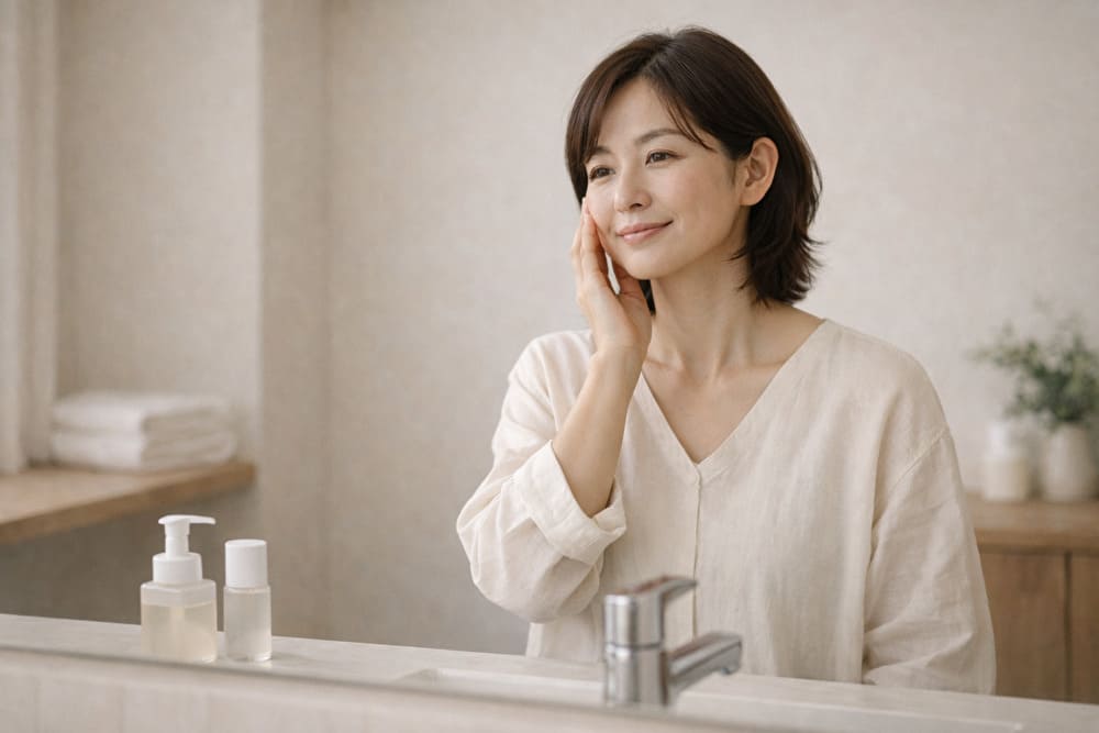40代女性が洗面台の前で落ち着いて肌の状態を確認している様子