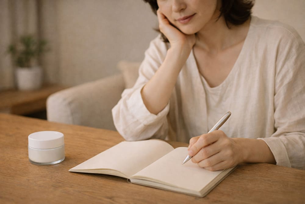 木目のテーブルでノートを開きスキンケアについて考える40代日本人女性の手元