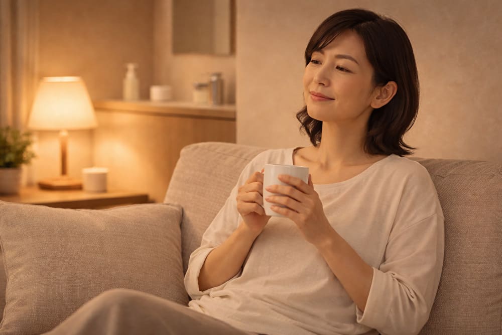 夜のリラックスタイムにくつろぐ40代女性（スキンケア後に自分の選択を振り返るイメージ）