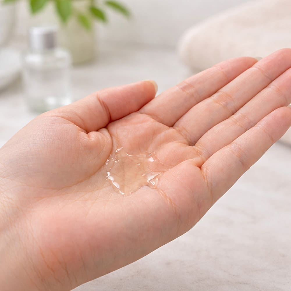 ハリッチの美容液テクスチャ（手のひらに出した状態）