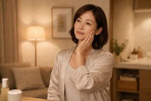 夜の自宅でスキンケア後、前より肌が不安定な気がして頬に手を添えながら静かに考えている40代の女性