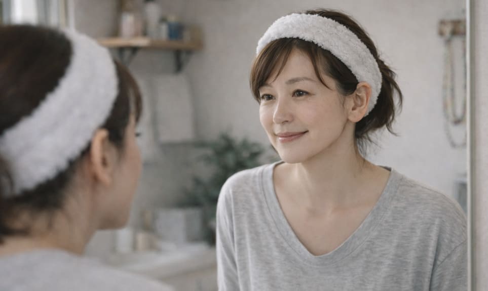 40代女性が翌朝の鏡で肌の疲れや影の軽さを静かに確認している様子