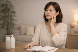オールインワンが合わなくなった40代の日本人女性が、室内で肌の状態を確認しながらスキンケアの考え方を整理している様子