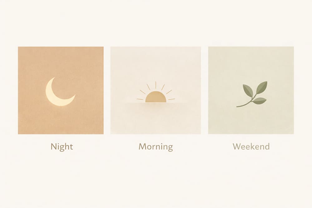 夜・朝・休日の3つの役割でスキンケアを分けることを表現したアイコンイラスト（月・太陽・葉）