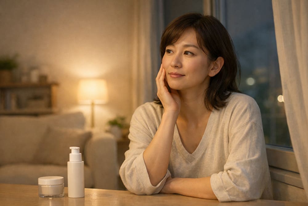 夜のリビングでスキンケア後に頬に手を添え、落ち着いた表情で考えている40代の女性
