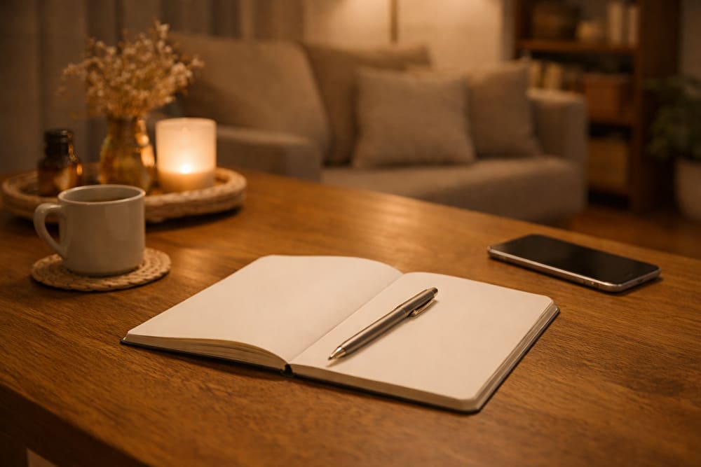 夜のテーブルにノートとペンを置き、今は結論を出さず考えを整理しているイメージ