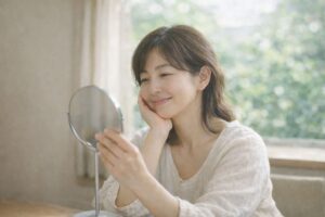 前日の夜ケアのあと、翌朝の鏡で疲れや影の変化を読み取りながら自然に整い方を確認している40代女性
