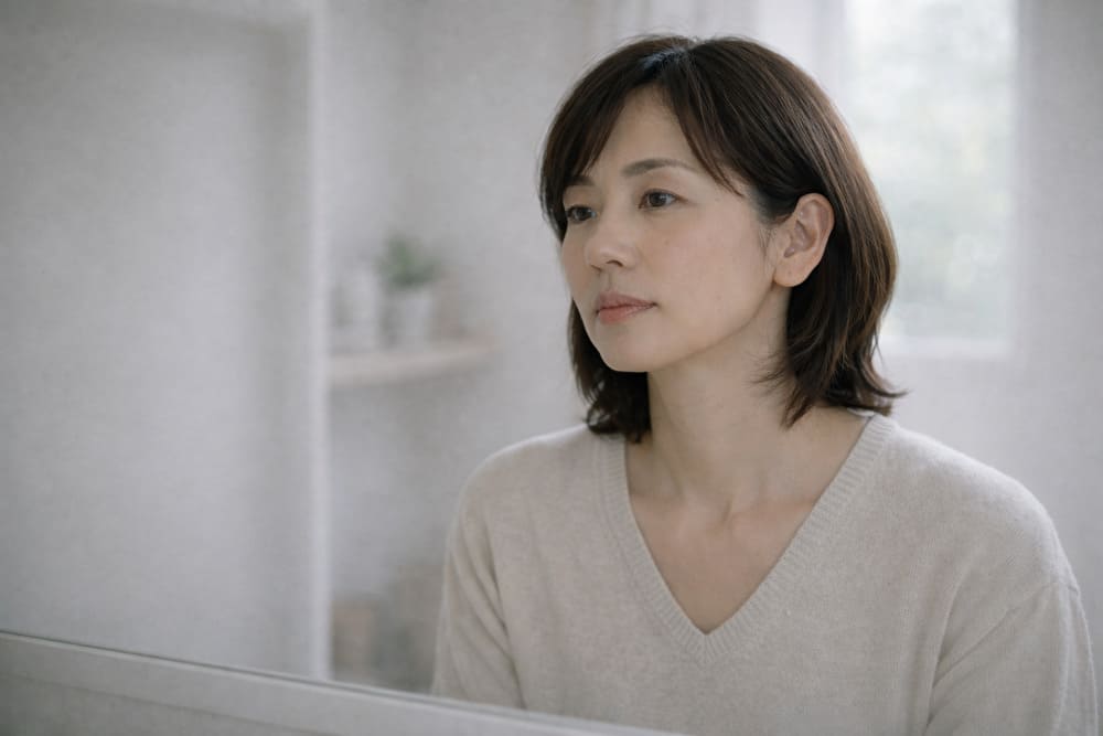 40代女性が朝の鏡で頬と目元の疲れを静かに確認している様子