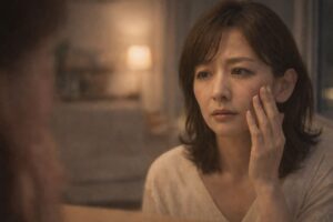 夜の自宅でスキンケア後に鏡を見ながら、これで合っているのかと静かに考えている40代の女性