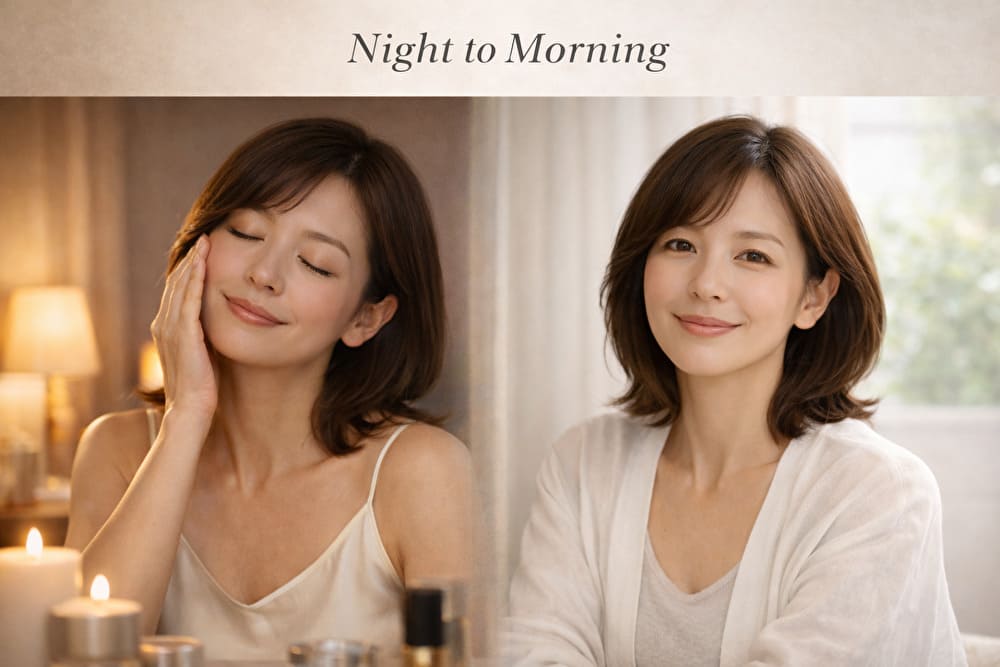 夜のスキンケア後の40代女性と翌朝の仕上がりを対比したイメージ。乾燥や疲れによるハリ不足を夜に補正し、翌朝の表情と肌の調子で効果を判定するコンセプト。