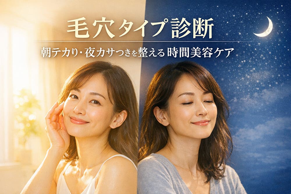 朝の柔らかな光と夜の落ち着いた照明に包まれた40代女性が並ぶデザイン。毛穴タイプ診断と朝夜で整える時間美容ケアを表現したアイキャッチ画像。