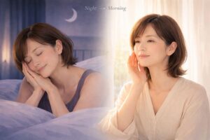 夜から朝へと時間が移り変わるイメージ。左は眠って回復する40代女性、右は翌朝の落ち着いた肌状態を表現したスキンケアイラスト