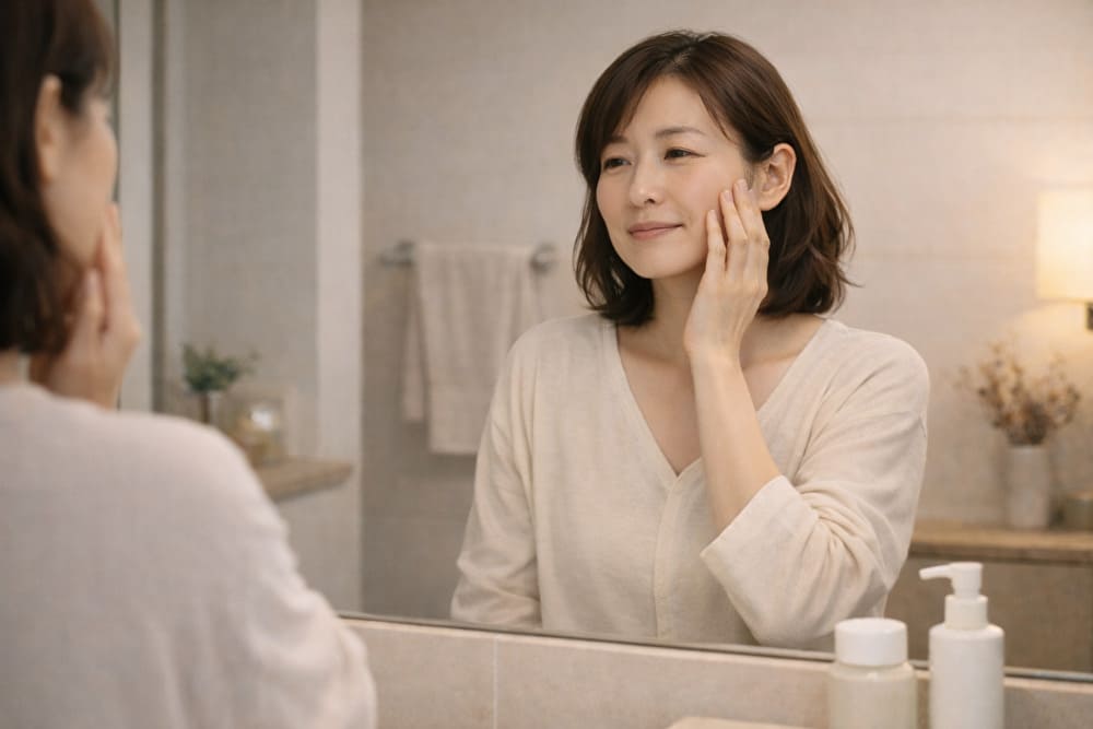 白〜ベージュ基調の洗面所で鏡の前に立ち、頬にそっと触れながら肌状態を落ち着いて確認している40代女性の様子