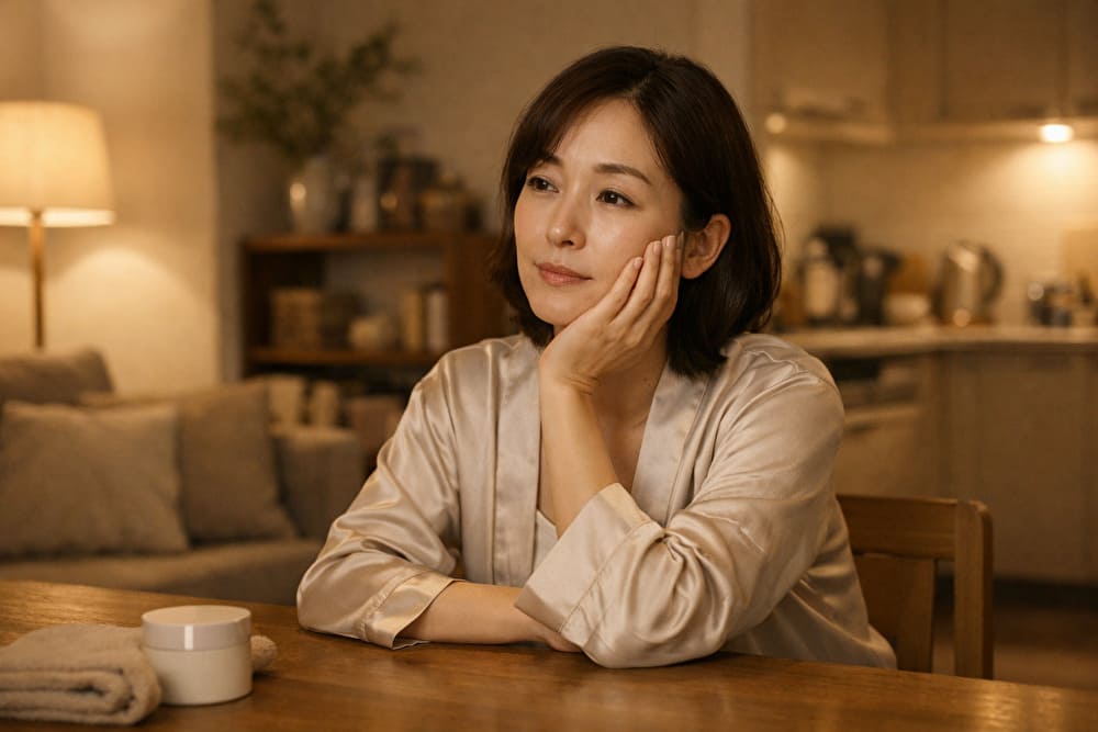 夜の自宅でスキンケア後に、前より肌が不安定な気がして静かに考えている40代の女性