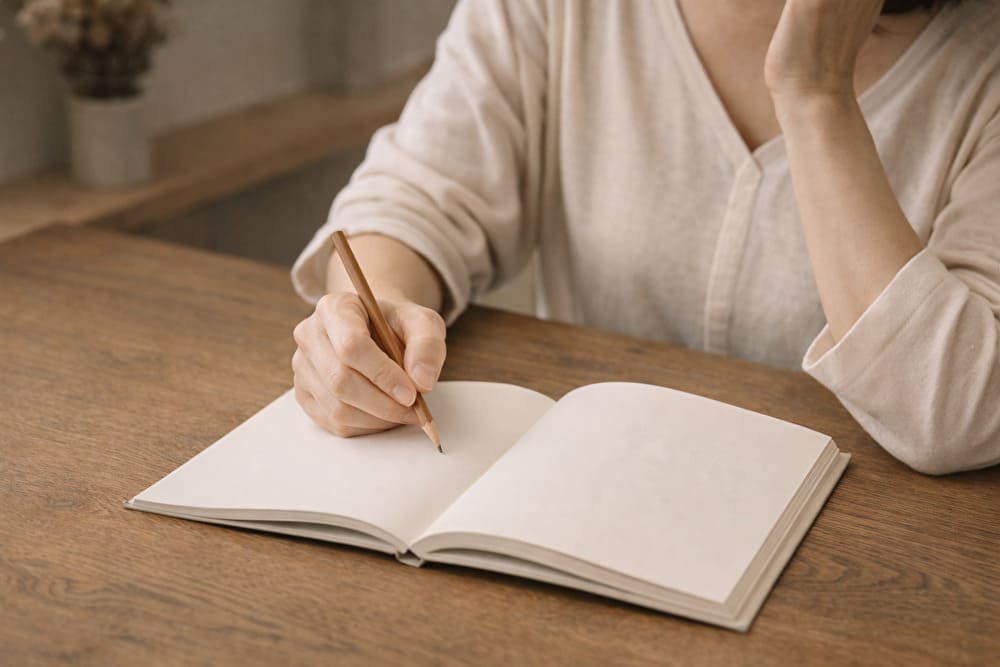 木目のテーブルでノートにメモを取りながらスキンケアを整理している40代女性の手元