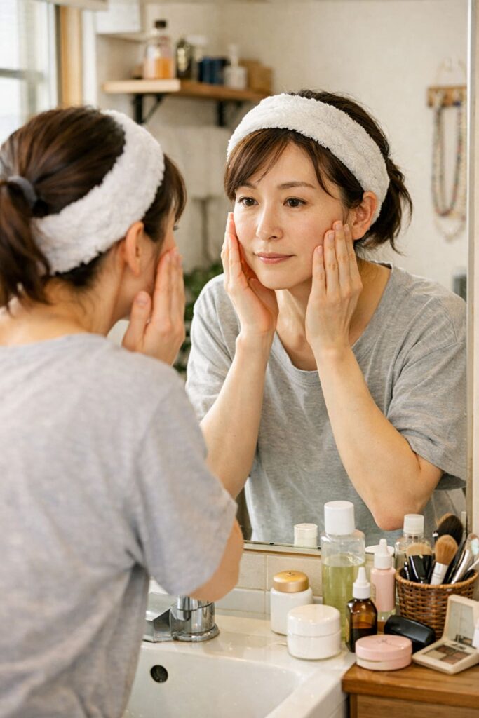 40代女性が朝の洗面台で、スキンケアとメイク前の肌状態を確認している生活感のあるイメージ