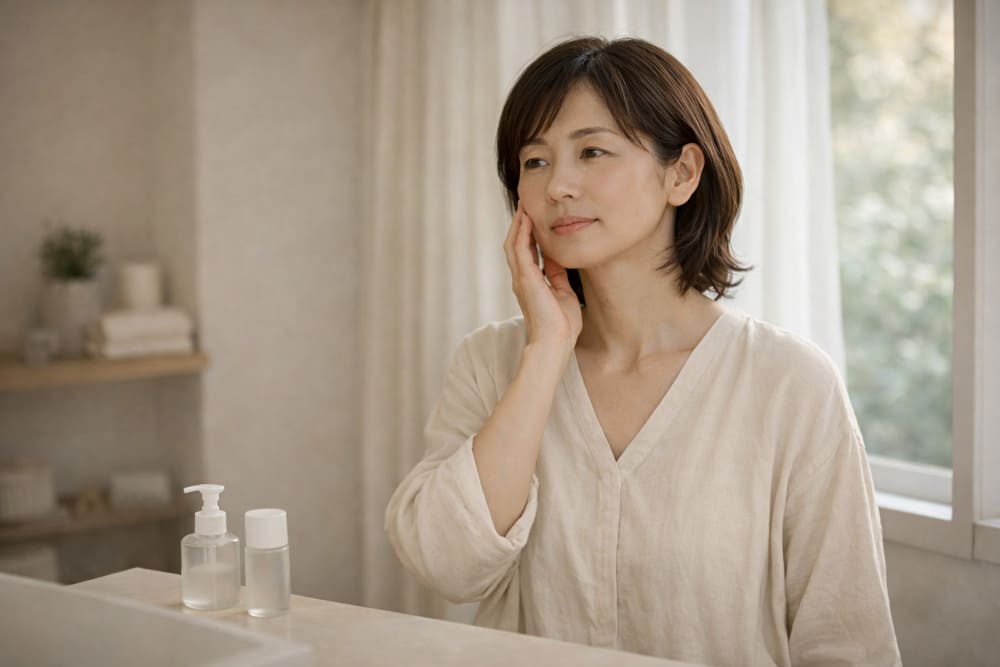 白を基調とした洗面所で、自分の肌にそっと手を添えながら静かに考える40代の日本人女性。オールインワンをやめたあとの不安と向き合い、落ち着いた表情で自分を見つめている様子。