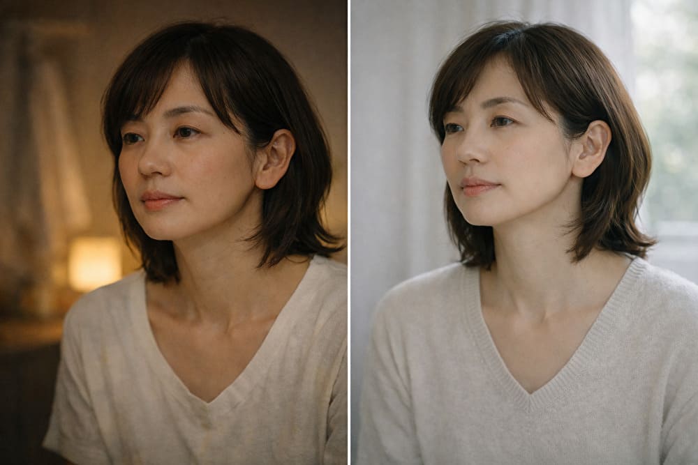 40代女性の夜と翌朝の肌の違いを静かに比較した時間美容のイメージ