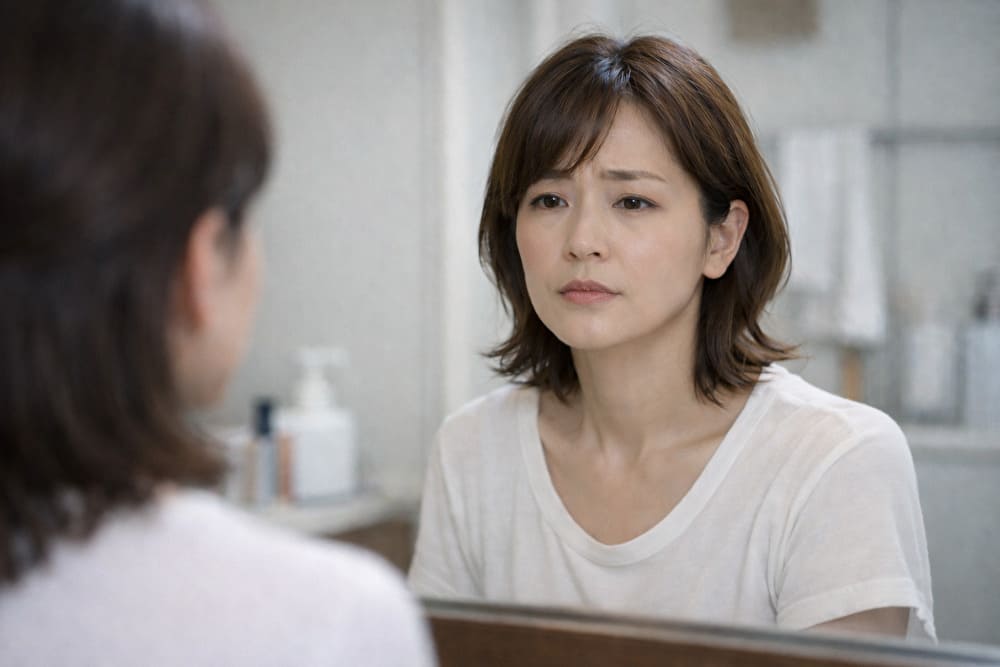 朝の洗面所で鏡を見ながら考え込む40代女性。メイクはしているがどこか不安そうな表情