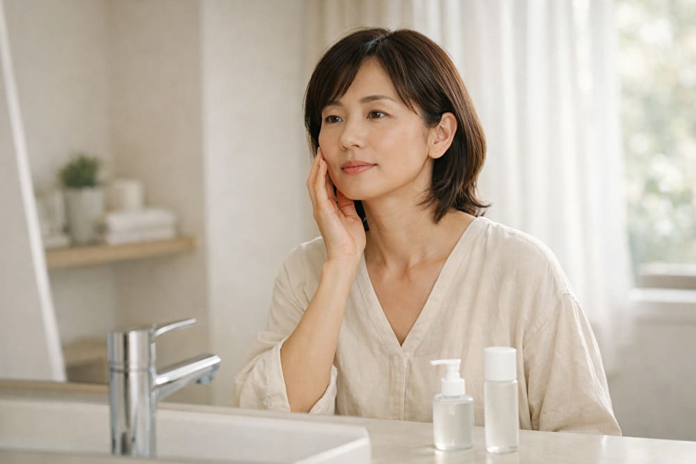 鏡の前で肌を見つめる40代女性